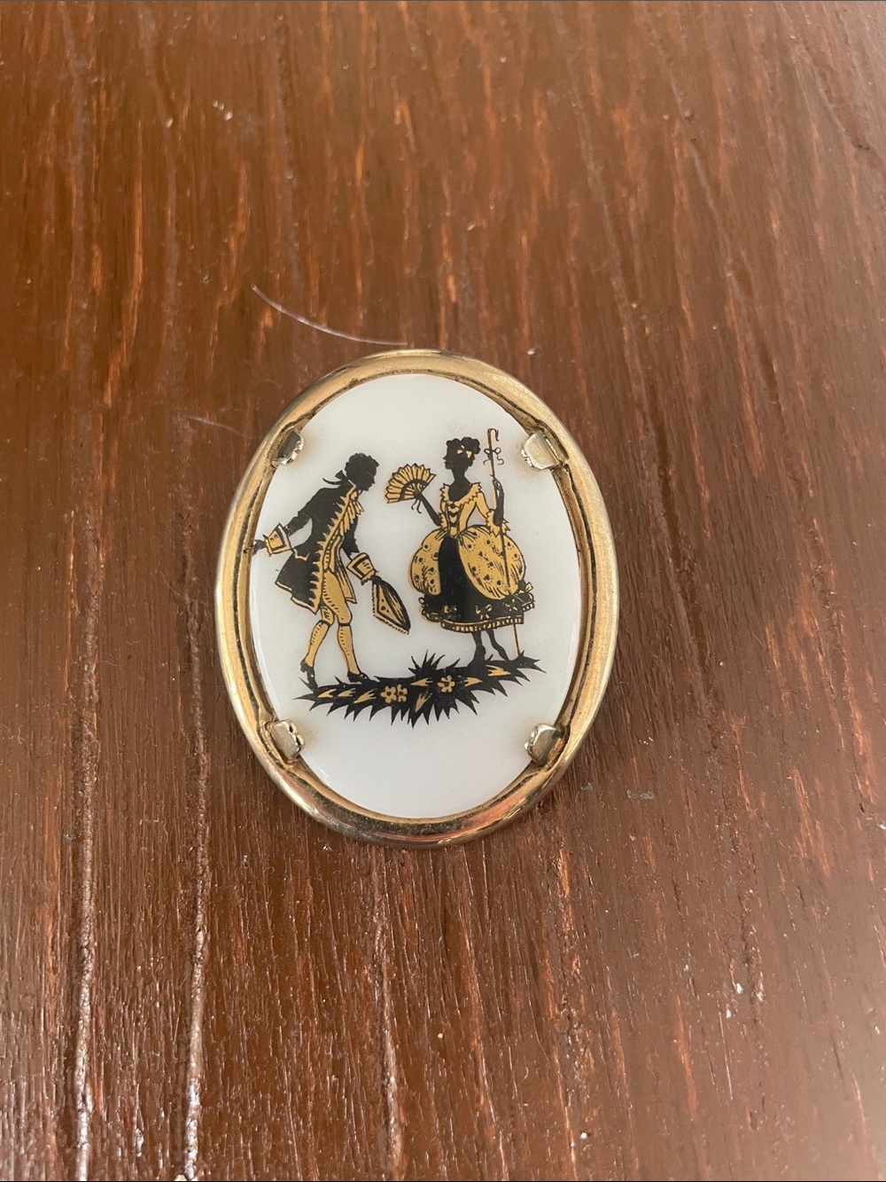 Vintage Gold and White Porcelain Cameo Brooch - Rocco Elegant Courtship Scene
